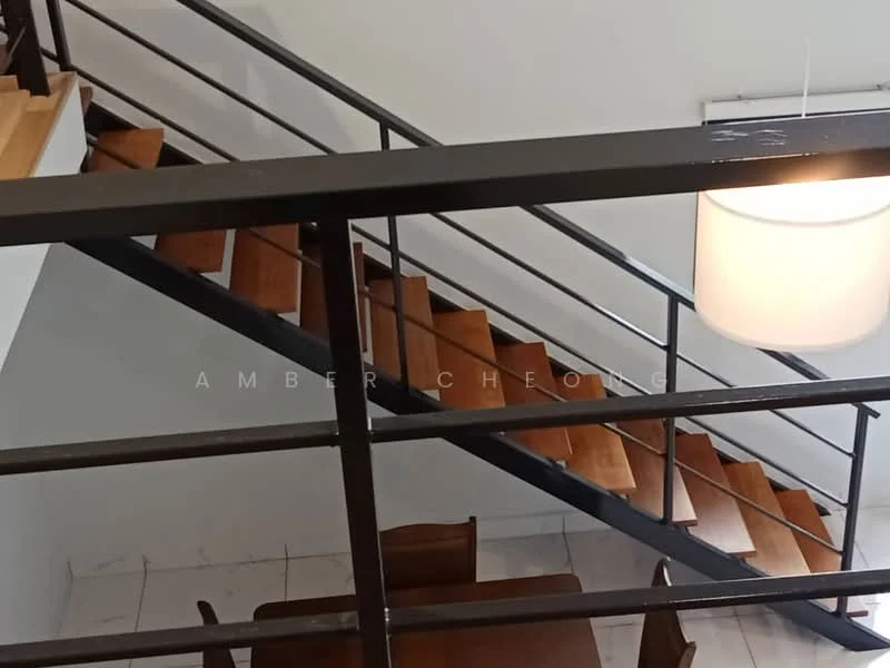 Room features: wooden staircase with handrail, white walls, marble flooring, pendant light fixture, dining table, wooden dining chairs; style: modern.
