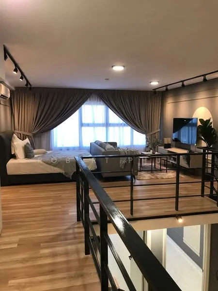 Living features: light wood flooring, floor-to-ceiling windows, grey fabric sofa, decorative throw pillows, coffee table, wall-mounted TV, black railing, curtains with a neutral color, recessed downlights, decorative wall art, area rug with geometric pattern; style: modern.