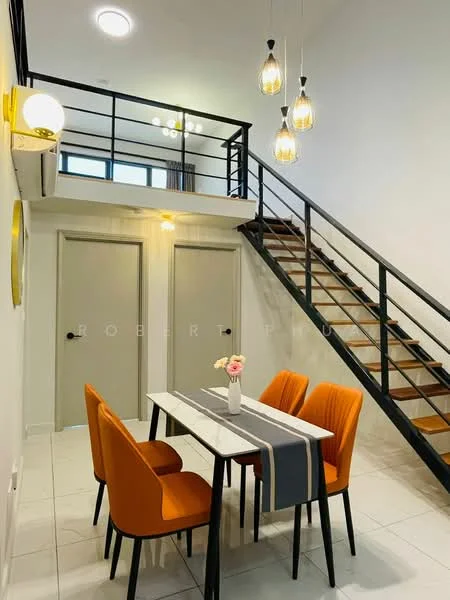 Dining features: 4-seater dining table with marble top, orange upholstered dining chairs, pendant lighting with multiple bulbs, white painted walls, tile flooring, wall-mounted air conditioning unit, staircase with wooden steps and black metal railing, decorative wall art, recessed ceiling lights; style: modern.