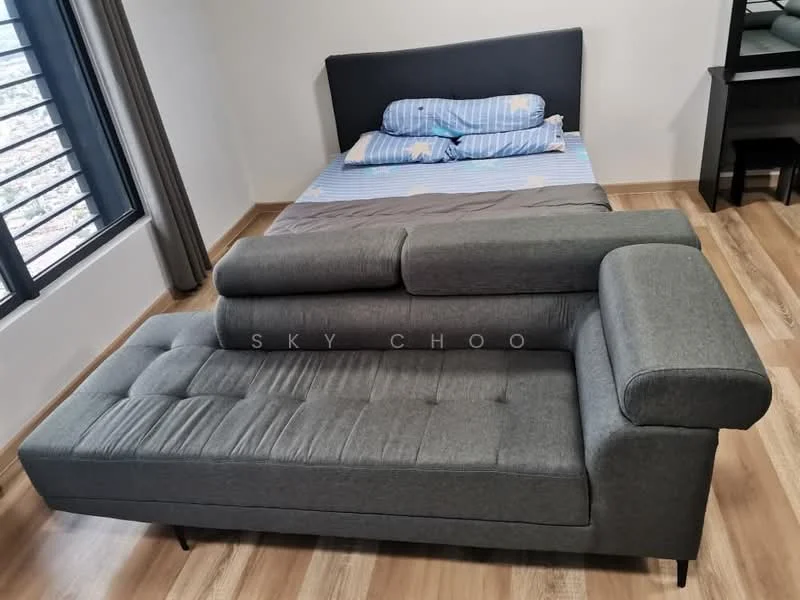 Bedroom features: queen-size bed with blue bedding, grey fabric sofa, wooden flooring, black headboard, large windows with black frames, curtains, side table, dressing table with mirror; style: modern.