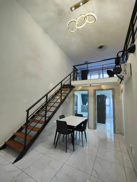 Dining features: white walls, marble tile flooring, 5-blade ceiling fan with integrated LED light, dining table with four chairs, staircase with wooden steps and metal railing, high ceiling, track lighting, open layout to living area; style: modern. Room features: white walls, marble tile flooring, high ceiling, large windows, open layout.