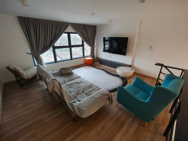 Living features: large floor-to-ceiling windows, grey curtains, light wood flooring, wall-mounted TV, sofa with grey upholstery, blue accent chair, round coffee table, decorative plant in orange pot, neutral wall color, recessed ceiling lights; style: modern; view: garden.