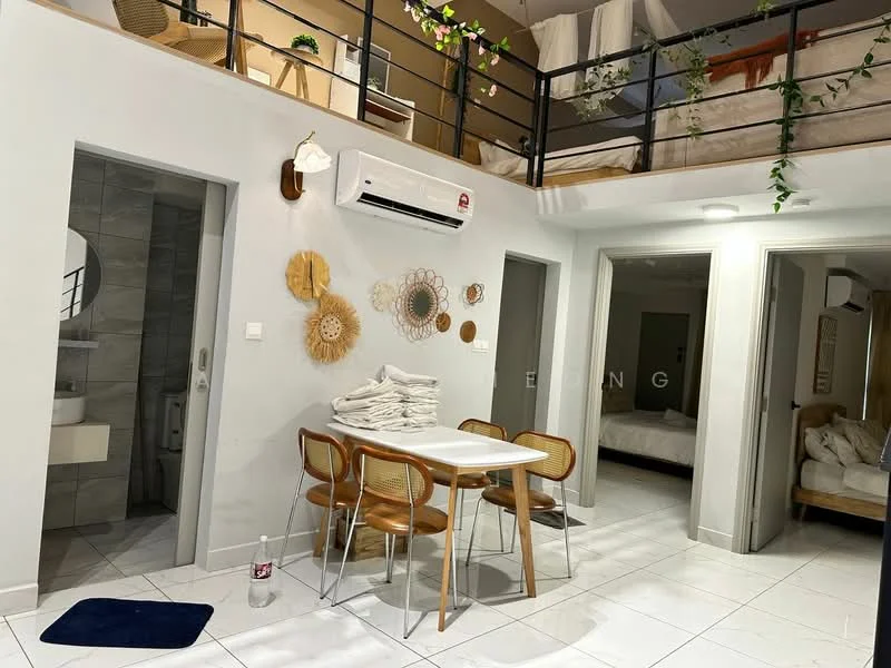 Living features: white painted walls, white tiled flooring, 5-blade ceiling fan, wall-mounted split AC, dining table with 4 wooden chairs, decorative wall art, open shelving, potted plants, staircase with black railing, large windows with natural light; style: modern. Bathroom features: grey tiled walls, white toilet, sink with mirror, shower area, wall-mounted towel rack. Room features: bed with white bedding, wooden headboard, decorative pillows.