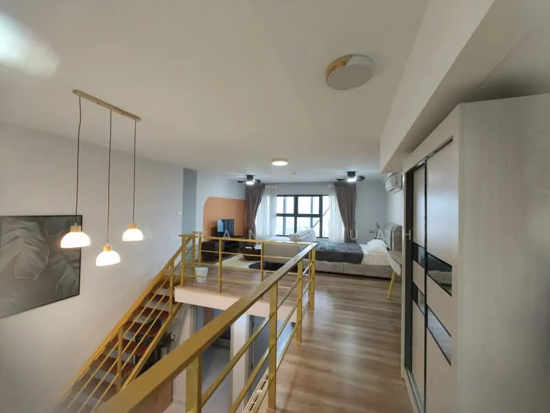 Room features: wooden flooring, grey walls, orange accent wall, floor-to-ceiling windows, 2 ceiling fans, 3 pendant lights, open staircase with yellow railing, TV console, sofa, bed, curtains; style: modern; view: city.