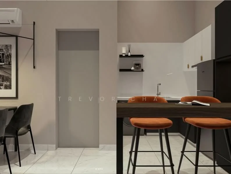 Kitchen features: black cabinetry, white countertop, stainless-steel sink, chrome pull-down faucet, built-in oven, freestanding range oven, refrigerator, bar stools, pendant lighting, marble tile flooring, wall-mounted split AC, open shelving, decorative wall art; style: modern. Dining features: 4-seater dining table, black upholstered chairs; style: modern.