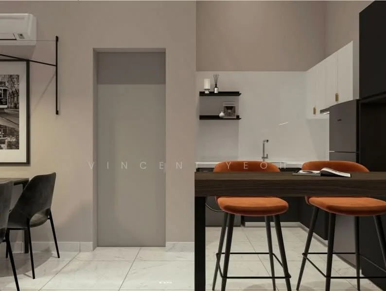 Kitchen features: white cabinetry with flat-panel design, black countertop, stainless-steel sink, chrome pull-down faucet, built-in oven, freestanding range oven, refrigerator, pendant lighting above the counter, bar stools with orange upholstery, marble tile flooring, wall-mounted split AC, open shelving, framed artwork on wall; style: modern. Dining features: 4-seater dining table, black dining chairs, decorative wall art; style: modern.