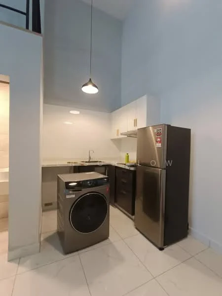 Laundry features: white cabinetry, stainless-steel fridge, front-load washing machine, grey countertop, white tiled backsplash, pendant light, ceramic tile flooring, single-bowl stainless-steel sink; style: modern.