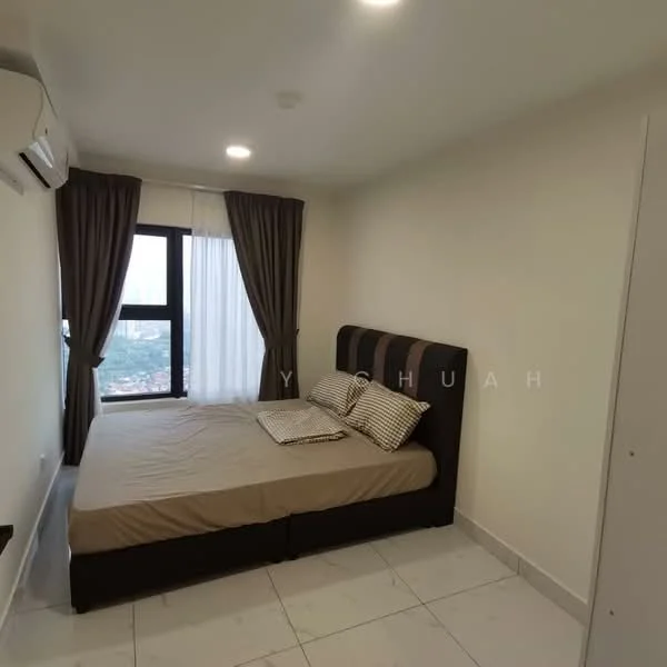 Bedroom features: king-size bed, upholstered headboard, two decorative pillows, floor-to-ceiling window, curtains, wall-mounted air conditioning unit, white painted walls, tile flooring, light fixtures in ceiling; style: modern; view: city.