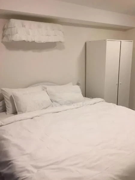 Bedroom features: king-size bed with white bedding, upholstered headboard, white pillows, white bedspread, white walls, built-in wardrobe with two doors, ceiling light fixture, decorative wall shelf; style: minimalist.