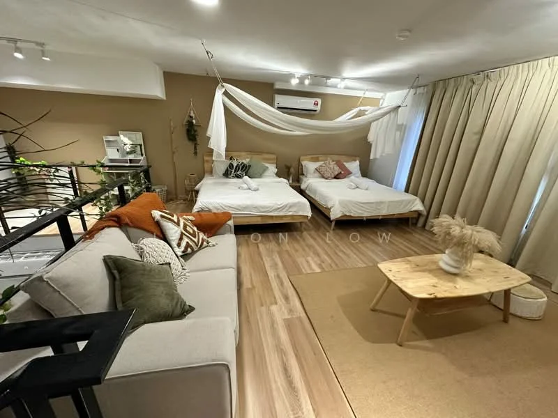 Living features: 2 single beds with white bedding, sofa with cushions in various colors, wooden coffee table, wooden flooring, floor-to-ceiling curtains, air conditioning unit on the wall, decorative wall hanging, potted plant, light fixtures on ceiling, neutral painted walls; style: modern.