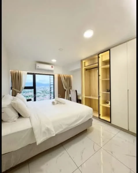 Bedroom features: king-size bed with white bedding, upholstered headboard, floor-to-ceiling windows, curtains, built-in wardrobe with glass doors, wooden cabinetry, study desk, marble tile flooring, wall-mounted split AC, recessed ceiling lights; style: modern; view: city.
