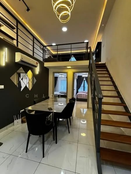 Dining features: white marble tile flooring, black dining table with four chairs, black accent wall, recessed LED downlights, modern pendant light fixture, air conditioning unit, staircase with wooden steps and metal railing, large windows with curtains, open layout to living area; style: modern. Living features: white walls, sofa area visible, decorative wall art, open space to upper level; style: modern.