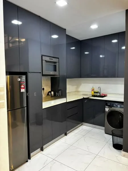 Kitchen features: dark grey high-gloss cabinetry, white quartz countertop, built-in oven, stainless-steel fridge, single-bowl stainless-steel sink, chrome pull-down faucet, front-load washing machine, marble tile flooring, recessed LED downlights, wall-mounted cabinets, black waste bin; style: modern.