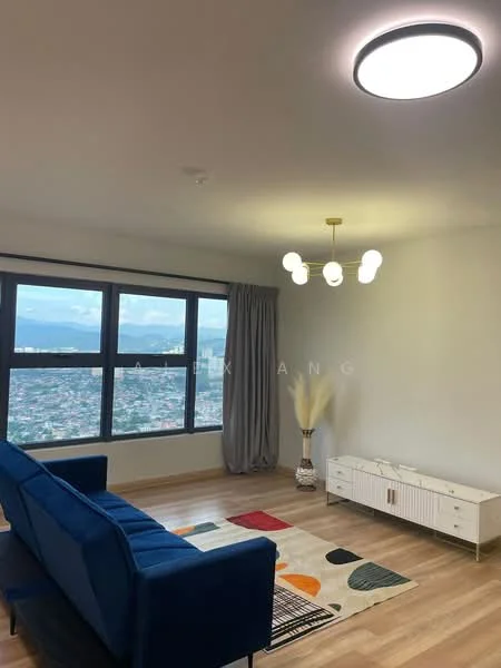 Living features: blue fabric sofa, coffee table with geometric pattern, area rug with abstract design, floor-to-ceiling windows, curtains in grey fabric, chandelier with multiple bulbs, wooden flooring, decorative plant in ceramic pot, white sideboard with storage; style: modern; view: city.
