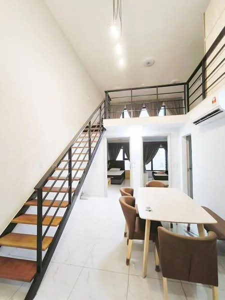Living features: double-height ceiling, white painted walls, marble tile flooring, large windows with sheer curtains, recessed LED downlights, metal staircase with wooden steps, dining table with four upholstered chairs, wall-mounted split AC; style: modern. Room features: wooden flooring, bed visible in background, curtains.