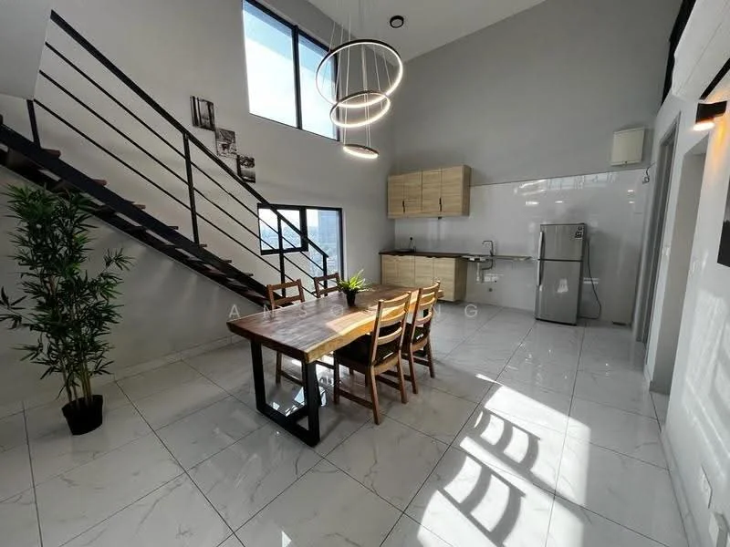 Dining features: dining table with black metal legs, wooden dining chairs, large windows with natural light, white walls, grey accent wall, marble tile flooring, pendant light fixture with circular design, indoor plant in ceramic pot, stainless-steel fridge, kitchen cabinetry with wood finish, kitchen countertop, kitchen sink, open staircase with black railing; style: modern.
