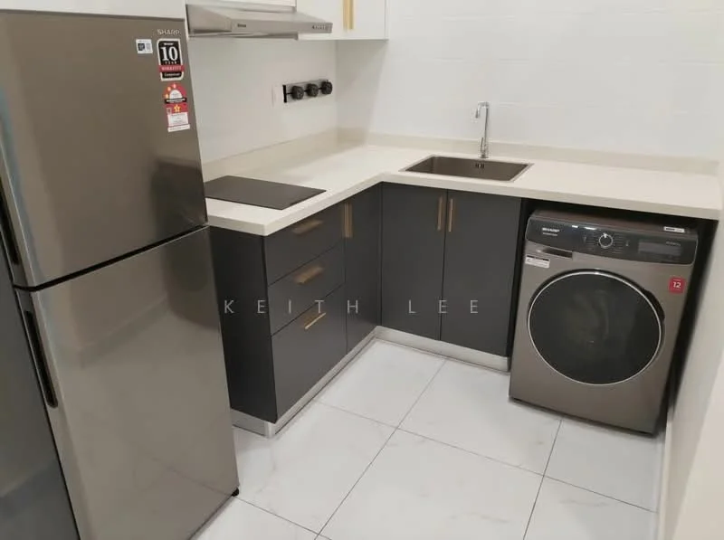 Laundry features: stainless-steel fridge, built-in oven, single-bowl stainless-steel sink, chrome pull-down faucet, grey cabinetry, white countertop, front-load washing machine, ceramic tile flooring, white painted walls, power outlets, under-cabinet lighting; style: modern.