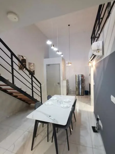 Dining features: white dining table, 4 dining chairs, pendant lighting, wall-mounted air conditioning unit, marble flooring, grey accent wall, stainless-steel fridge, staircase with metal railing, artwork on wall; style: modern.