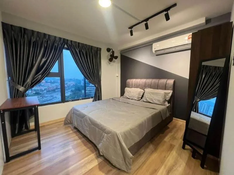 Bedroom features: king-size bed with upholstered headboard, grey bedding, floor-to-ceiling windows, blackout curtains, wooden flooring, 1 wall-mounted split AC, track lighting, mirror on dresser, wooden side table; style: modern; view: city.