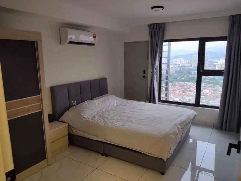 Bedroom features: king-size bed, upholstered headboard, nightstand, wall-mounted air conditioning unit, floor-to-ceiling window, curtains, white painted walls, glossy tile flooring, light fixture in ceiling; style: modern; view: city.