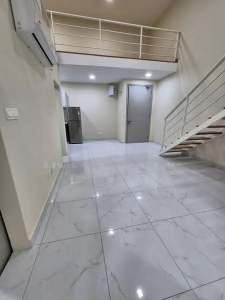 Room features: white painted walls, marble tile flooring, 1 wall-mounted split AC, staircase with wooden steps and metal railing, refrigerator, door to another room, ceiling with recessed lighting; style: modern.