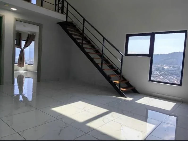 Room features: large windows, mountain view, white painted walls, marble tile flooring, metal staircase with wooden steps, curtains, high ceiling, natural light; style: modern; view: mountain.