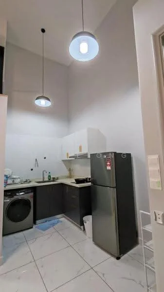 Kitchen features: white cabinets, grey lower cabinets, marble tile flooring, stainless-steel fridge, built-in oven, washing machine, single-bowl stainless-steel sink, chrome pull-down faucet, countertop with space for appliances, two pendant lights, white tiled backsplash; style: modern.