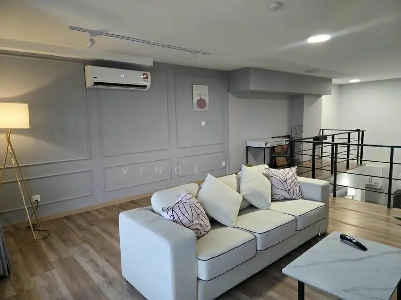 Living features: white fabric sofa with cushions, marble coffee table, wooden flooring, grey painted walls with paneling, wall-mounted air conditioning unit, floor lamp, decorative artwork on wall, open railing leading to upper level; style: modern.