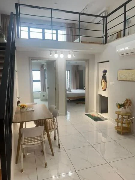 Dining features: dining table with four chairs, white ceramic floor tiles, recessed downlights, open layout, decorative wall art, large windows with natural light, neutral wall colour, air conditioning unit; style: modern. Living features: sofa, coffee table, TV console, floor-to-ceiling windows, curtains, decorative plants, open space, wooden railing; style: modern. Bedroom features: queen-size bed, bedside table, window with curtains, neutral wall colour, air conditioning unit; style: modern.