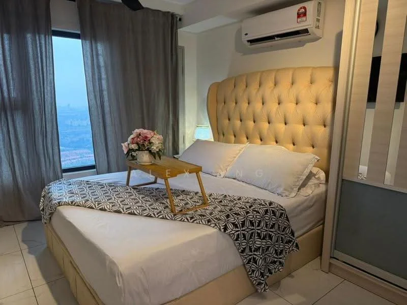 Bedroom features: king-size bed with upholstered headboard, white bedding, decorative throw blanket, bedside table with flowers, floor-to-ceiling window, grey sheer curtains, wall-mounted air conditioning unit, tile flooring, decorative wall paneling, lamp on bedside table; style: modern; view: city.