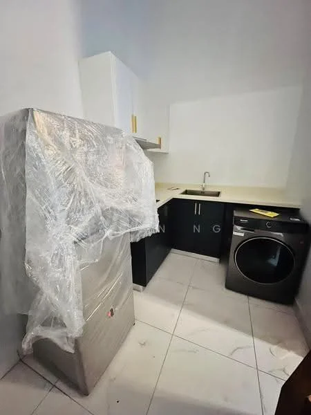 Laundry features: stainless-steel fridge, front-load washing machine, single-bowl sink, white cabinetry, light-colored countertop, tile flooring, neutral wall color; style: modern.
