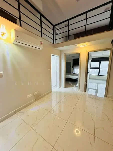 Room features: marble tile flooring, white painted walls, 1 wall-mounted split AC, recessed downlights, ceiling light, open space layout, large window with city view, metal railing on upper level; style: modern; view: city.