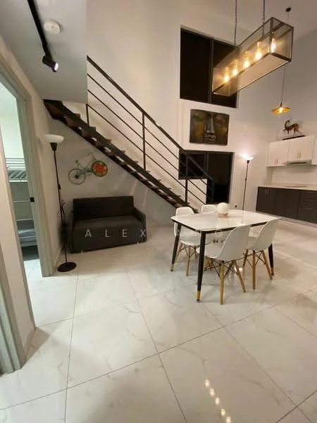 Living features: white marble tile flooring, grey fabric sofa, dining table with white chairs, pendant light fixture, stainless-steel railing on staircase, large windows, wall-mounted artwork, floor lamp; style: modern.