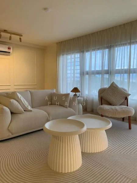 Living features: cream fabric sofa, two white side tables, area rug with circular pattern, floor-to-ceiling windows, sheer curtains, wall-mounted air conditioning unit, decorative lamp, accent chair with cushion; style: modern.