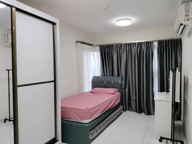 Bedroom features: single bed with pink bedding, upholstered headboard, white walls, grey curtains, floor-to-ceiling window, white bedside table, wall-mounted TV, air conditioning unit, marble tile flooring, sliding wardrobe with mirror, recessed ceiling light; style: modern.