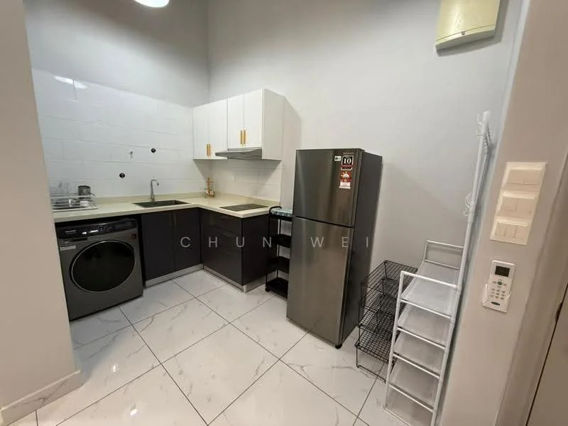 Kitchen features: white tiled walls, grey lower cabinets, white upper cabinets, single-bowl stainless-steel sink, chrome pull-down faucet, countertop with beige surface, built-in washing machine, stainless-steel fridge, marble tile flooring, recessed downlights, open shelving unit, kitchen appliances visible; style: modern.