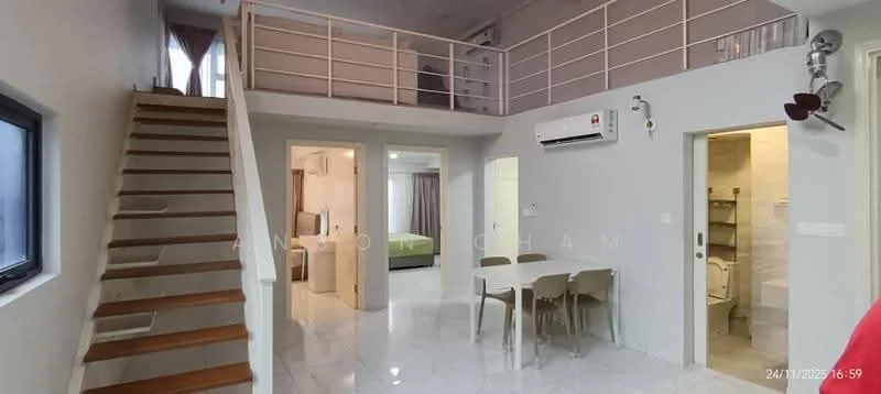 Living features: white painted walls, polished tile flooring, recessed downlights, wall-mounted air conditioning unit, staircase with wooden steps, metal railing, dining table with four chairs, open layout, large window with black frame; style: modern. Room features: white painted walls, polished tile flooring, doorway leading to another room, doorway leading to bathroom, light fixture.