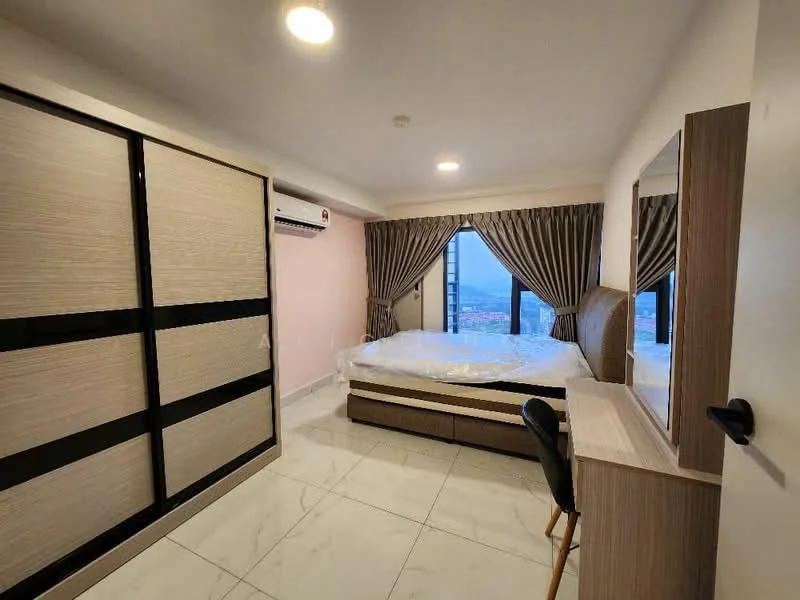 Bedroom features: king-size bed, upholstered headboard, built-in wardrobe with sliding doors, study desk, chair, floor-to-ceiling windows, curtains, wall-mounted split AC, marble tile flooring, recessed ceiling lights, decorative mirror; style: modern; view: city.