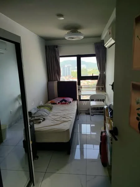 Bedroom features: single bed with mattress, white bed linens, mirror wardrobe, floor-to-ceiling window, grey curtains, ceiling fan, white painted walls, marble tile flooring, study chair, small table, air conditioning unit; style: modern; view: city.