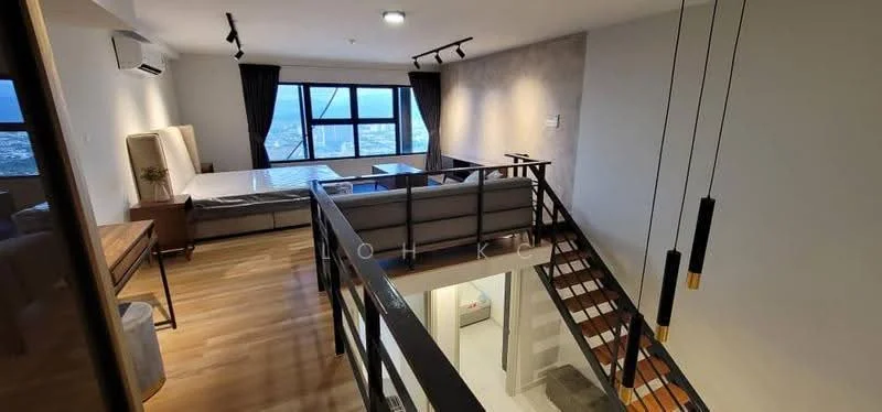 Room features: wooden flooring, large windows with city view, blackout curtains, exposed concrete accent wall, recessed downlights, ceiling-mounted lighting fixtures, open staircase with wooden steps, metal railing, bed frame without mattress, side table, air conditioning unit; style: modern; view: city.