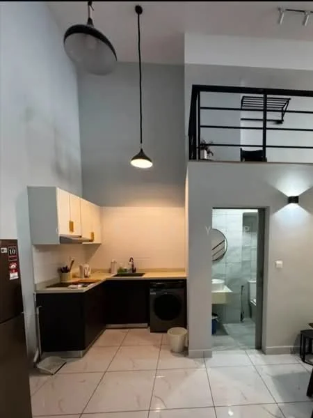 Kitchen features: white upper cabinets, black lower cabinets, grey countertop, stainless-steel sink, chrome pull-down faucet, built-in oven, freestanding washing machine, pendant light, tile flooring, white tiled backsplash, open shelving, recessed downlights; style: modern. Bathroom features: shower with glass enclosure, toilet, vanity with sink, grey tiled walls, tile flooring, mirror, recessed lighting; style: modern.