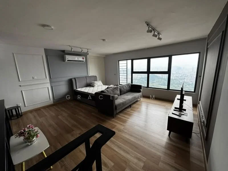 Living features: floor-to-ceiling windows, grey fabric sofa, wooden coffee table, wall-mounted TV, light wood flooring, 1 wall-mounted split AC, recessed downlights, decorative wall paneling, city view; style: modern; view: city.
