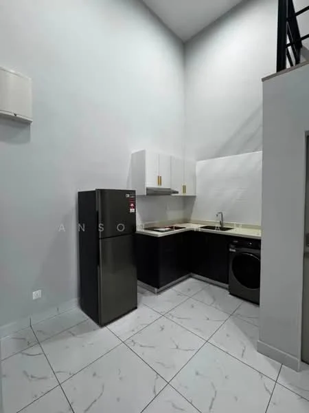 Kitchen features: black cabinetry with gold handles, white countertop, single-bowl stainless-steel sink, chrome pull-down faucet, built-in washing machine, stainless-steel fridge, marble tile flooring, grey painted walls, wall-mounted air conditioning unit, under-cabinet lighting; style: modern.