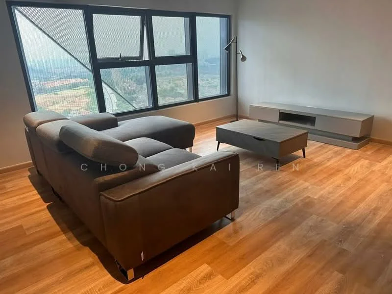 Living features: L-shape sectional sofa in brown fabric, wooden coffee table, TV console, floor-to-ceiling windows, wooden flooring, city view, modern floor lamp, minimalist decor; style: modern; view: city.