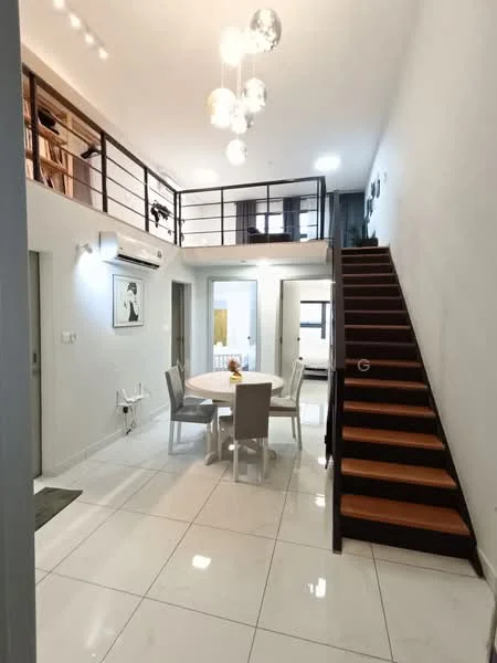 Living features: white painted walls, glossy white tile flooring, 5-blade ceiling fan with light, round dining table, 4 upholstered dining chairs, staircase with wooden steps, metal railing, wall-mounted air conditioning unit, decorative wall art, recessed lighting; style: modern.