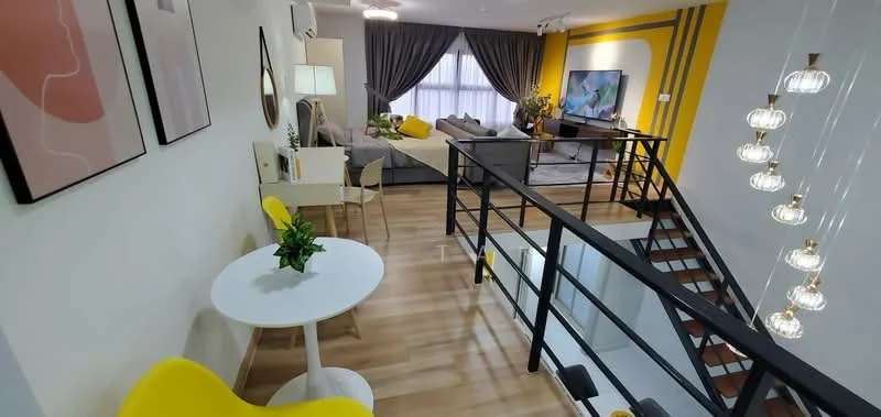 Living features: grey sectional sofa, yellow accent cushions, wall-mounted TV, coffee table, area rug, floor-to-ceiling windows, curtains, pendant lighting, decorative wall art, wooden flooring; style: modern. Dining features: round white dining table, yellow dining chairs, decorative plant, wall-mounted light fixture; style: modern.