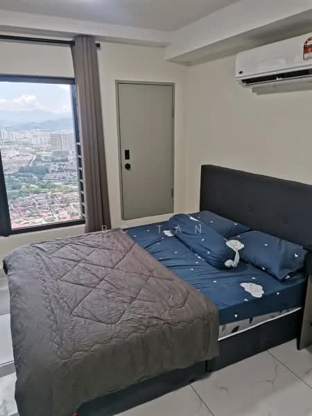 Bedroom features: king-size bed with grey upholstered headboard, bedding with blue and white pattern, decorative pillow on bed, floor-to-ceiling window with city view, curtains in brown, air conditioning unit mounted on wall, white painted walls, tile flooring, nightstand beside bed, door to hallway; style: modern; view: city.