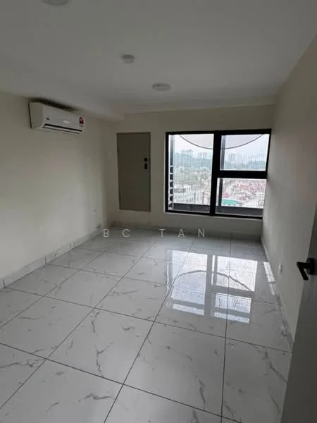 Room features: marble tile flooring, white painted walls, 1 wall-mounted split AC, floor-to-ceiling windows, city view, recessed downlights, light-colored ceiling, door to hallway; style: modern; view: city.