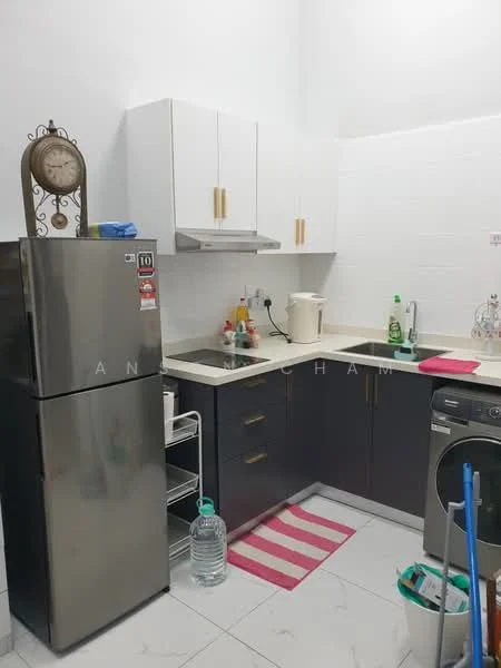 Kitchen features: stainless-steel fridge, single-bowl stainless-steel sink, chrome pull-down faucet, laminate countertop, white upper cabinets, dark lower cabinets, built-in oven, washing machine, tile flooring, wall-mounted range hood, decorative wall clock, pink striped mat; style: modern.