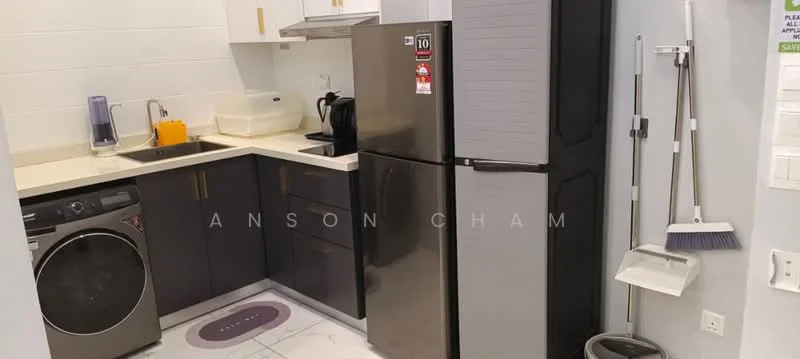 Kitchen features: grey cabinetry, white countertop, stainless-steel single-bowl sink, chrome pull-down faucet, built-in stove, stainless-steel refrigerator, front-load washing machine, microwave, kettle, dish rack, cleaning supplies storage, tile flooring, white tiled backsplash; style: modern.